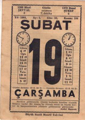 19 Şubat 1964 Takvim Yaprağı EFM(N)5726 - 2