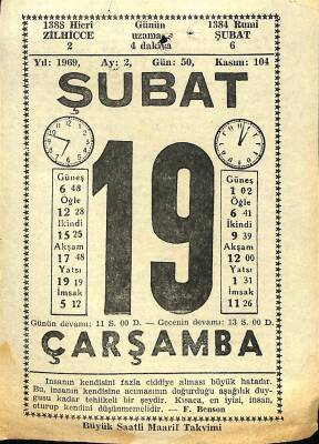 19 Şubat 1969 Takvim Yaprağı - Doğum Günü Hediyesi EFM(N)11077 - 1