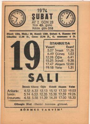 19 Şubat 1974 Takvim Yaprağı EFM(N)5258 - 1