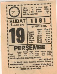 19 Şubat 1981 Takvim Yaprağı EFM(N)5426 - Gökçekoleksiyon