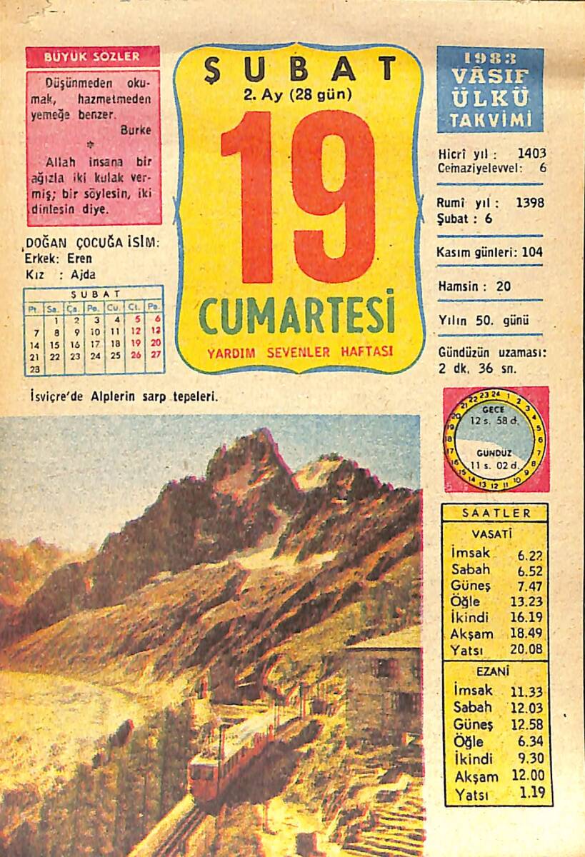 19 Şubat 1983 Takvim Yaprağı - Doğum Günü Hediyesi EFMN15060 - 1