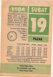 19 Şubat 1984 Takvim Yaprağı EFM(N)5342 - Gökçekoleksiyon