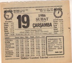 19 Şubat 1986 Takvim Yaprağı EFM(N)5230 - Gökçekoleksiyon