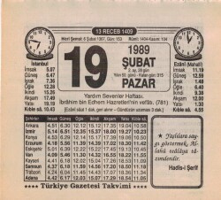 19 Şubat 1989 Takvim Yaprağı EFM(N)5371 - Gökçekoleksiyon