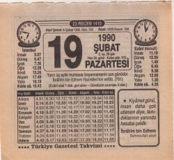 19 Şubat 1990 Takvim Yaprağı EFM(N)5202 - Gökçekoleksiyon