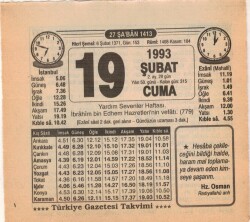 19 Şubat 1993 Takvim Yaprağı EFM(N)5314 - Gökçekoleksiyon