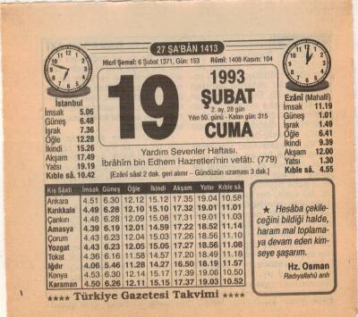 19 Şubat 1993 Takvim Yaprağı EFM(N)5314 - 1