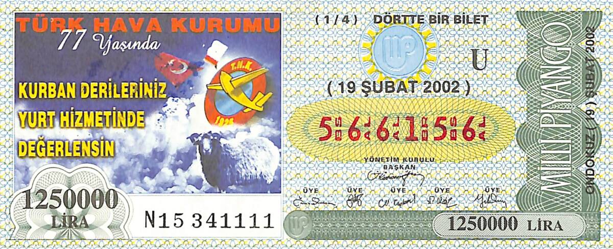 19 Şubat 2002 Piyango Bileti Dörtte Bir Bilet PYB6695 - 1