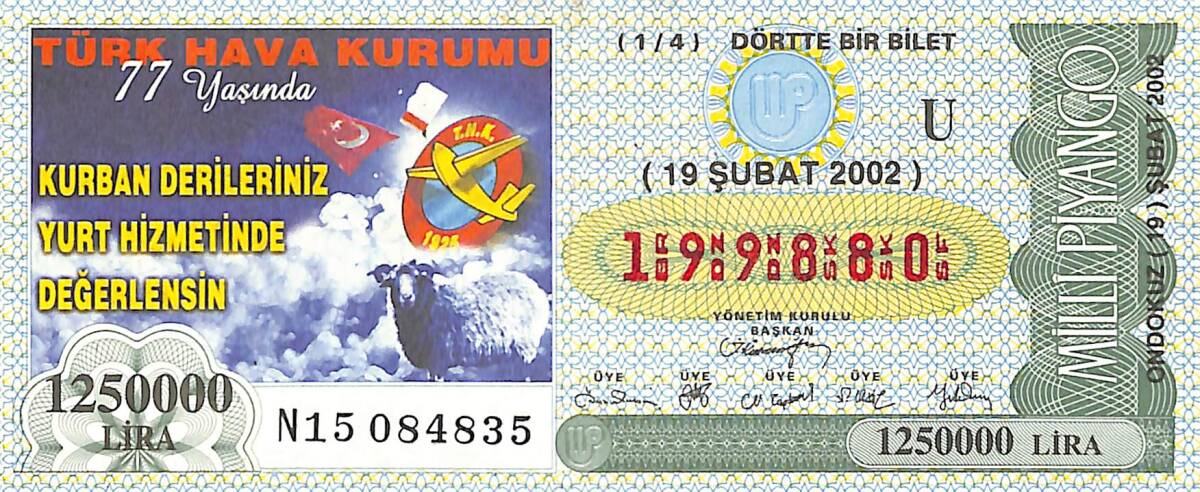 19 Şubat 2002 Piyango Bileti Dörtte Bir Bilet PYB6696 - 1