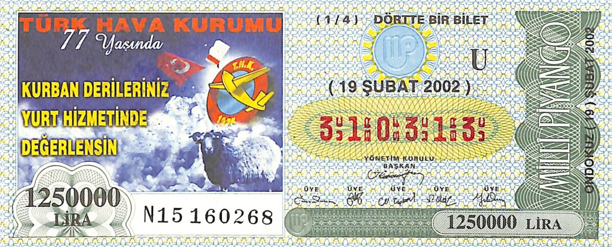 19 Şubat 2002 Piyango Bileti Dörtte Bir Bilet PYB6697 - 1