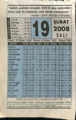 19 Şubat 2008 Takvim Yaprağı - Doğum Günü Hediyesi EFM(N)7543 - 1