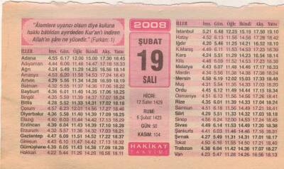 19 Şubat 2008 Takvim Yaprağı EFM(N)5566 - 3