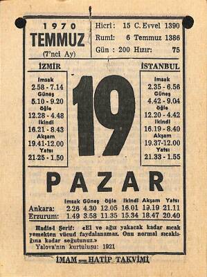 19 Temmuz 1970 Takvim Yaprağı - Doğum Günü Hediyesi EFM(N)12507 - 1