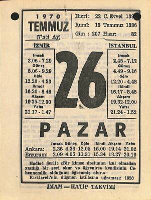 19 Temmuz 1970 Takvim Yaprağı - Doğum Günü Hediyesi EFM(N)12508 - 1