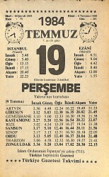 19 Temmuz 1984 Takvim Yaprağı - Doğum Günü Hediyesi EFMN15793 - Gökçekoleksiyon