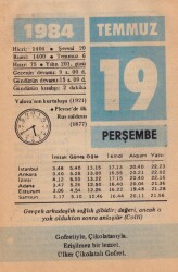19 Temmuz 1984 Takvim Yaprağı EFM(N)2057 - 3