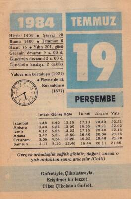 19 Temmuz 1984 Takvim Yaprağı EFM(N)2057 - 1