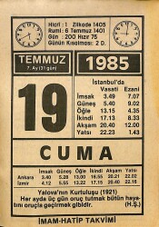 19 Temmuz 1985 Takvim Yaprağı - Doğum Günü Hediyesi EFMN15725 - Gökçekoleksiyon