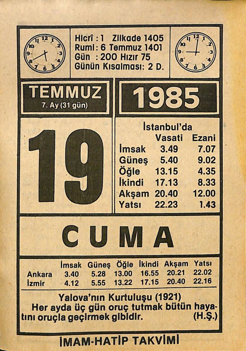 19 Temmuz 1985 Takvim Yaprağı - Doğum Günü Hediyesi EFMN15725 - 1