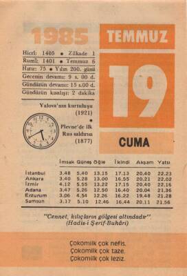 19 Temmuz 1985 Takvim Yaprağı EFM(N)2058 - 3