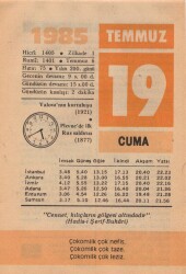 19 Temmuz 1985 Takvim Yaprağı EFM(N)2058 - 2