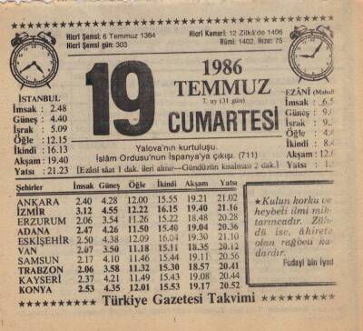 19 Temmuz 1986 Takvim Yaprağı EFM(N)2059 - 1