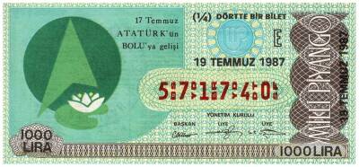 19 Temmuz 1987 Piyango Bileti Çeyrek Bilet - Atatürkün Boluya Gelişi PYB3232 - 1