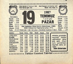 19 Temmuz 1987 Takvim Yaprağı - Doğum Günü Hediyesi EFMN13831 - Gökçekoleksiyon