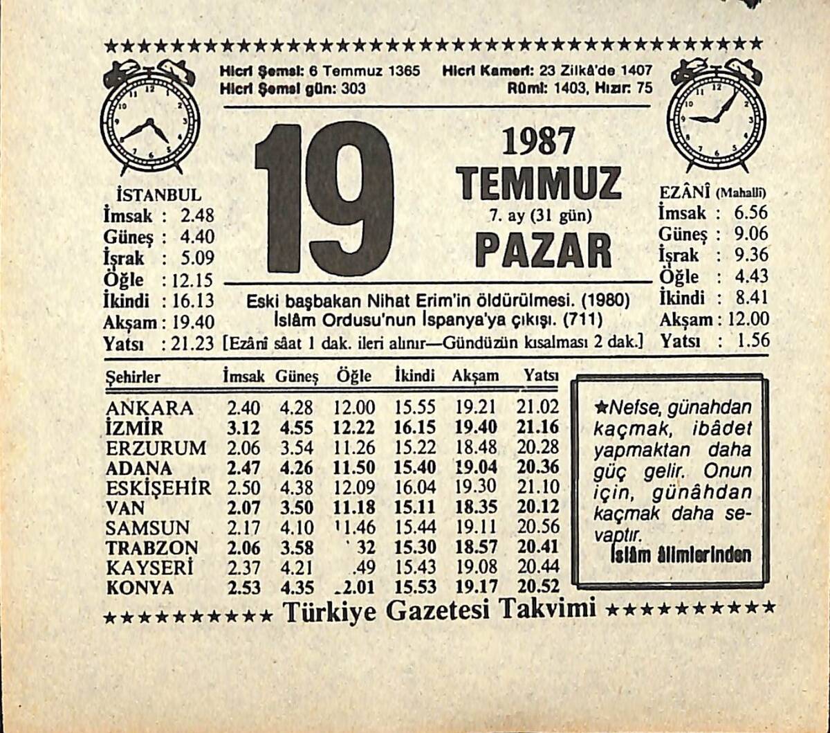 19 Temmuz 1987 Takvim Yaprağı - Doğum Günü Hediyesi EFMN13831 - 1