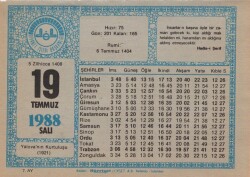 19 Temmuz 1988 Takvim Yaprağı EFM(N)2060 - 3