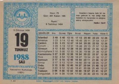19 Temmuz 1988 Takvim Yaprağı EFM(N)2060 - 3