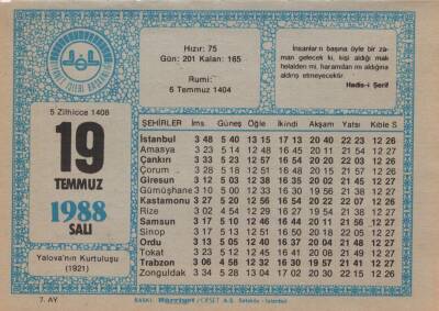 19 Temmuz 1988 Takvim Yaprağı EFM(N)2060 - 1