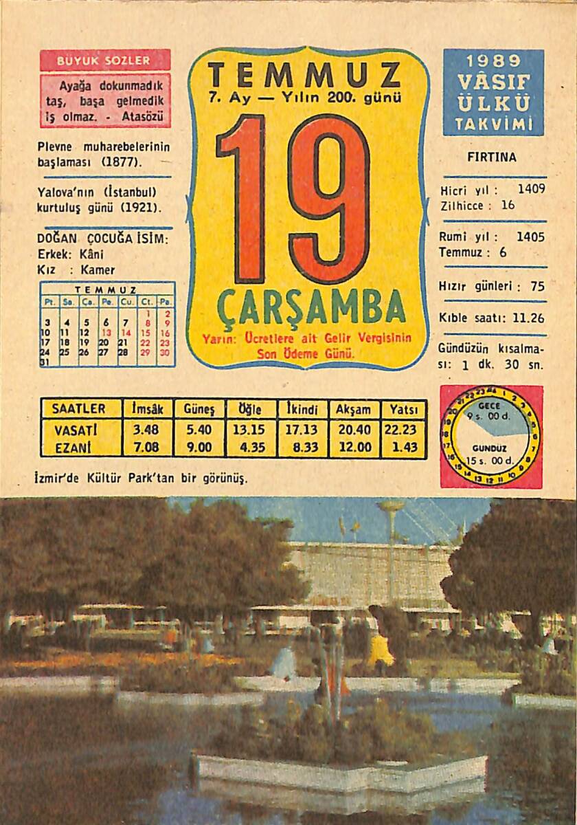 19 Temmuz 1989 Takvim Yaprağı - Doğum Günü Hediyesi EFMN13887 - 1