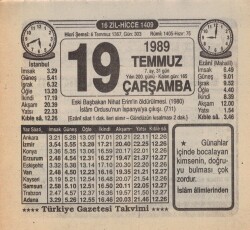 19 Temmuz 1989 Takvim Yaprağı EFM(N)2061 - 2