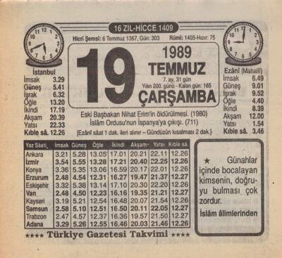 19 Temmuz 1989 Takvim Yaprağı EFM(N)2061 - 2