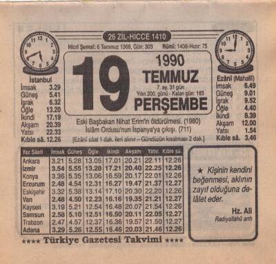19 Temmuz 1990 Takvim Yaprağı EFM(N)2062 - 3