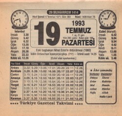 19 Temmuz 1993 Takvim Yaprağı EFM(N)2063 - 1