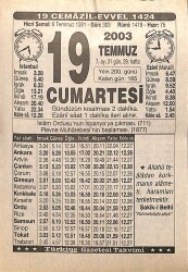 19 Temmuz 2003 Takvim Yaprağı - Doğum Günü Hediyesi EFMN15516 - Gökçekoleksiyon