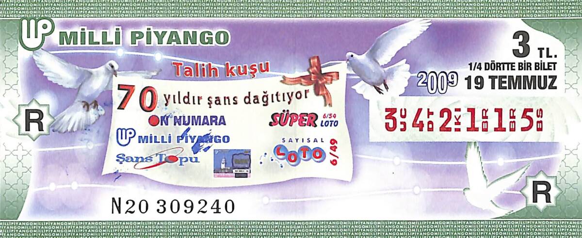 19 Temmuz 2009 Piyango Bileti Dörtte Bir Bilet PYB6690 - 1