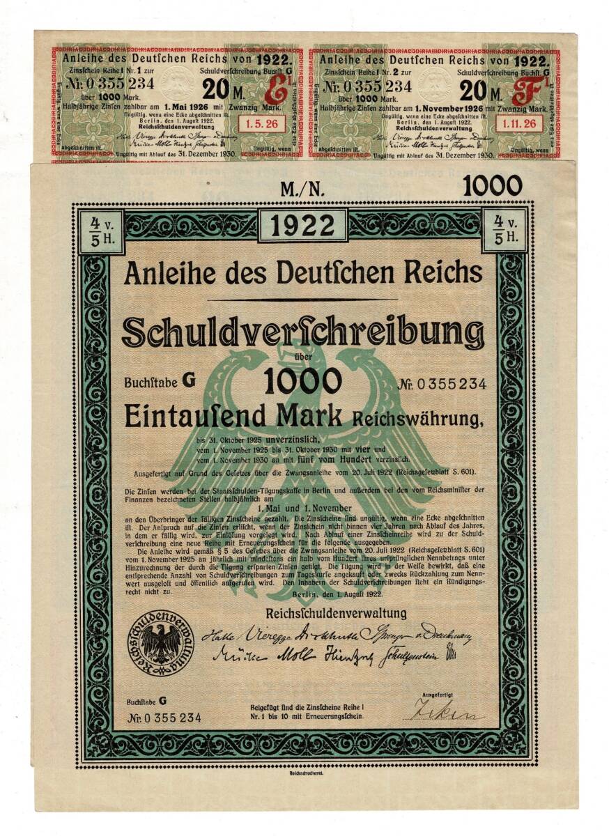 1922 Almanya 1000 Marklık Borçlanma Tahvili Hisse Senedi HSS462 - 1