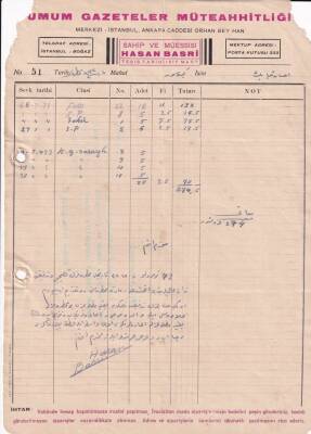 1922 Umum Gazeteler Müteahhitliği - Hasan Basri İmzalı Osmanlıca Fatura EFM(N)8205 - 1
