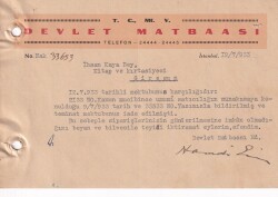 1933 Devlet Matbaasından İhsan Kaya (Kitap Ve Kırtasiyeci) İmzalı Antetli Mektup EFM(N)8214 - Gökçekoleksiyon
