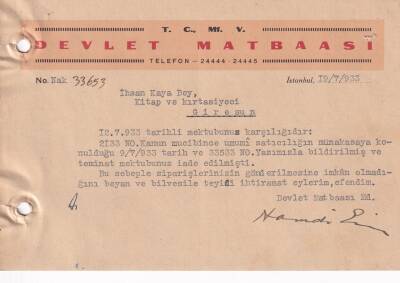 1933 Devlet Matbaasından İhsan Kaya (Kitap Ve Kırtasiyeci) İmzalı Antetli Mektup EFM(N)8214 - 1