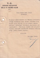 1933 Giresun (Gireson) Belediyesi Belediye Reisi Dizdarzade Eşref Beyden Kaba Hasan Zade İhsana Islak İmzalı Tebligat EFM(N)8208 - Gökçekoleksiyon
