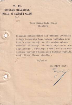 1933 Giresun (Gireson) Belediyesi Belediye Reisi Dizdarzade Eşref Beyden Kaba Hasan Zade İhsana Islak İmzalı Tebligat EFM(N)8208 - 1