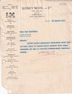 1933 Musevi İşadamı Sidney Novil İmzalı Kaşeli Filigranlı İşyeri Yazışması (Remington Yazı Makineleri,Gestetner,Gilette,Eversharp) EFM(N)8206 - 1