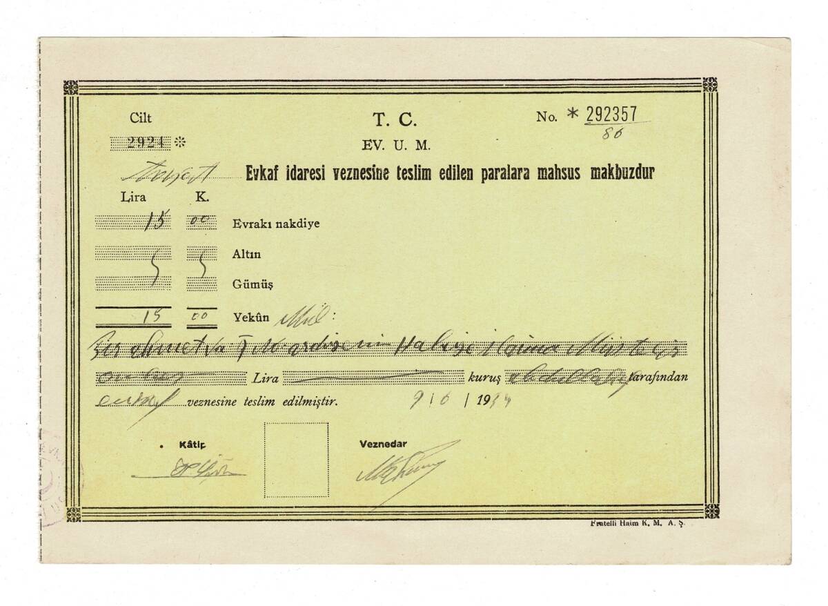 1934 Tokat Şubesi T.C. Evkaf Umum Müdürlüğü (Vakıflar) Vezne Makbuzu - Fratelli Haim Baskısı OSM48 - 1