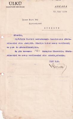 1934 Ülkü Halkevleri Mecmuasından İhsan Kayaya (Kırtasiyeci) İmzalı Yazışma EFM(N)8215 - 1