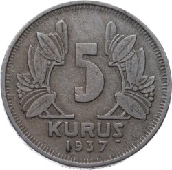 1937 5 Kuruş ÇT TCM3046 - Gökçekoleksiyon