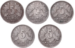 1937/38/39/42/43 Yılları 5 Kuruş Lotu (5 Adet) TCM3347 - Gökçekoleksiyon
